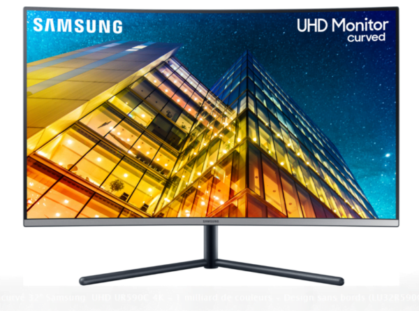 Écran incurvé 32" Samsung  UHD UR590C 4K - 1 milliard de couleurs - Design sans bords (LU32R590CWRXEN)